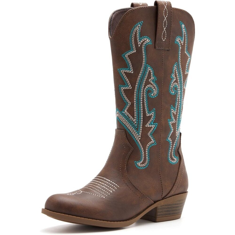 ⚡Girls Brown Kids Western Boots Embroidered Cowgirl Boots Riding Shoes Mid Calf